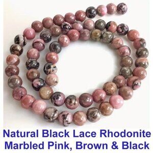 Natural Black Lace Rhodonite Stone Beads - Marbled Pink, Brown & Black  15"